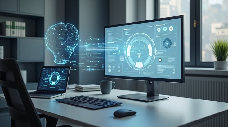 Tavolo con laptop, quaderni e tazze, atmosfera rilassata